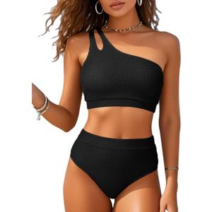 High Waisted Ribbed Bikini Swimsuit - Women Two Piece Bathing Suit One Shoulder Swimwear 2025 (Large, Black)