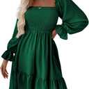 LYANER Women's Square Neck Lantern Long Sleeve Shirred Ruffle A Line Flowy Party Mini Dress (Green) Large