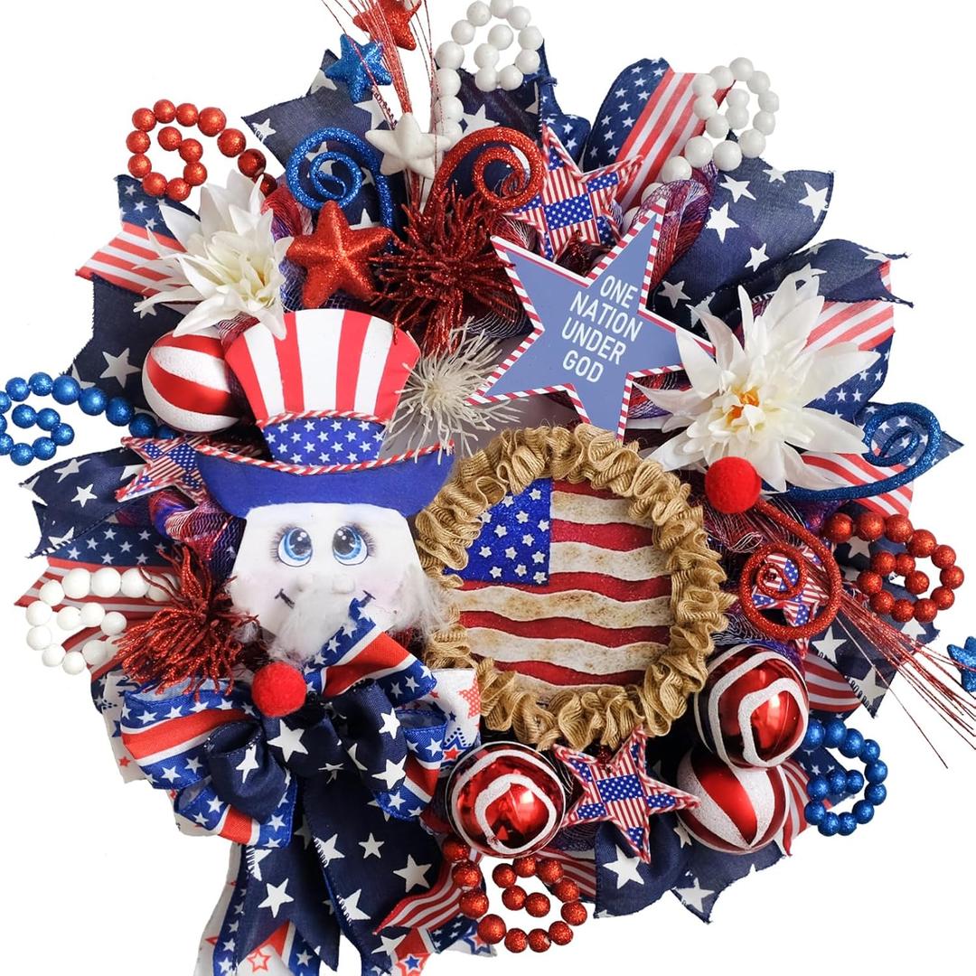 20" Patriotic Wreaths for Front Door - Mesh 4th of July Wreath, Memorial Day & Independence Day Patriotic Decorations with Stars & Stripes Design, Indoor Outdoor Wall Decor (Red White Blue)