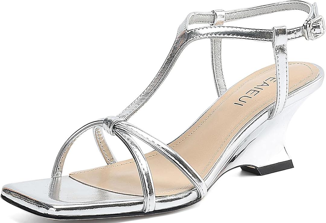 Women's Silver Wedge Sandals Strappy Heels for Women Comfort Wedges Ankle Strap Square Open Toe Heel Evening Wedding Dress Shoes 10