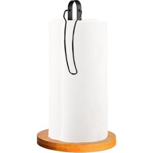Wood Paper Towel Holder Countertop, TONLEA Kitchen Paper Towel Holder FreeStanding with Fixer for Kitchen and Bathroom Organization, Kitchen Roll Holder for Standard and Large Rolls (Black)
