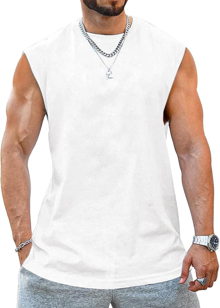 Aoysky Men's Crewneck Sleeveless Athletic Tank Top Performance Workout Muscle Cut Tee Tops (XX-Large, White)