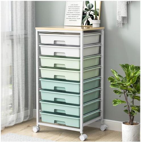 Rolling Storage Utility Cart Organizers with 8 Drawers and Wooden Tabletop for Living Room, Office, Classroom, Craft Room, Bedroom, Dorm, Green
