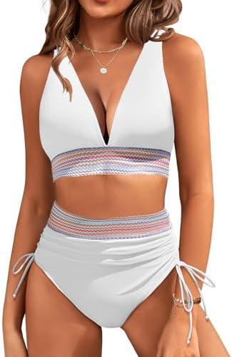 Uikue Women's Bikini Sets V Neck 2 Piece Swimsuits High Waisted Color Block Drawstring Bathing Suits Tummy Control Swimwear XL
