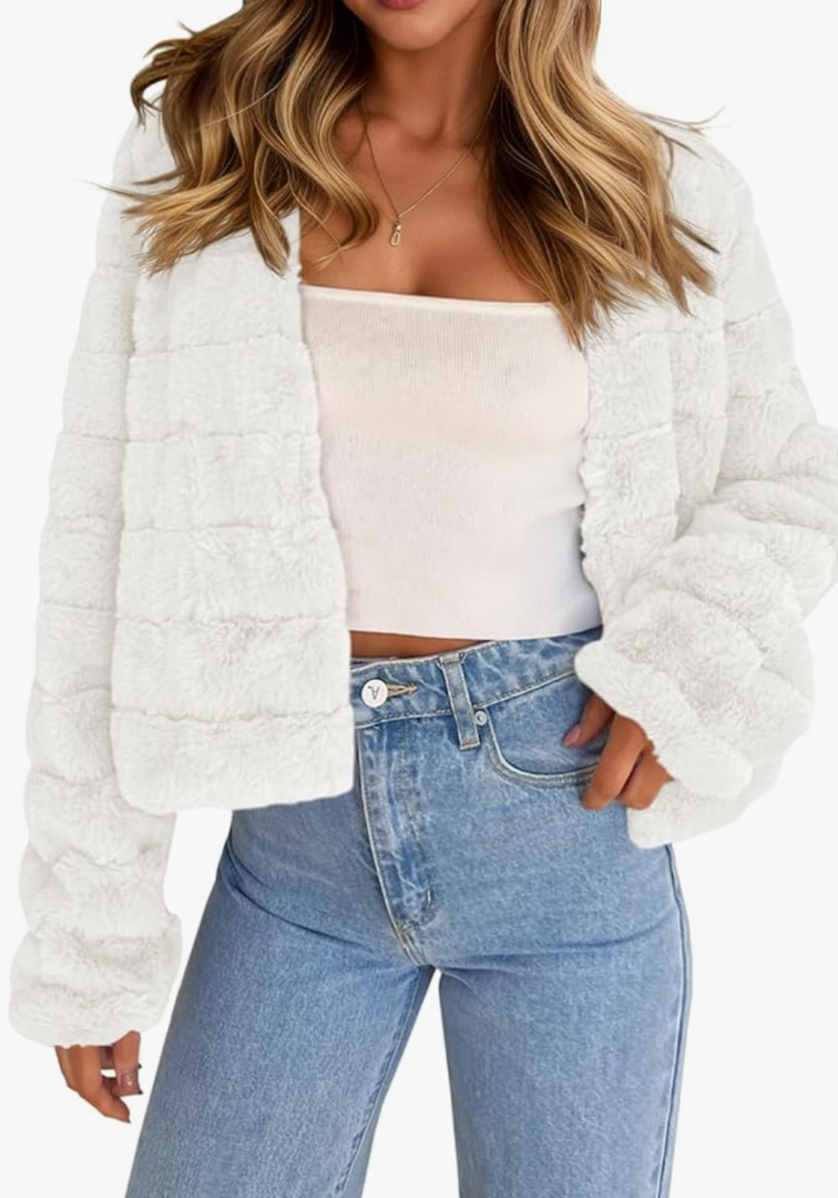 Fisoew Womens Cropped Faux Fur Jackets Long Sleeve Open Front Fluffy Short Coats, Small