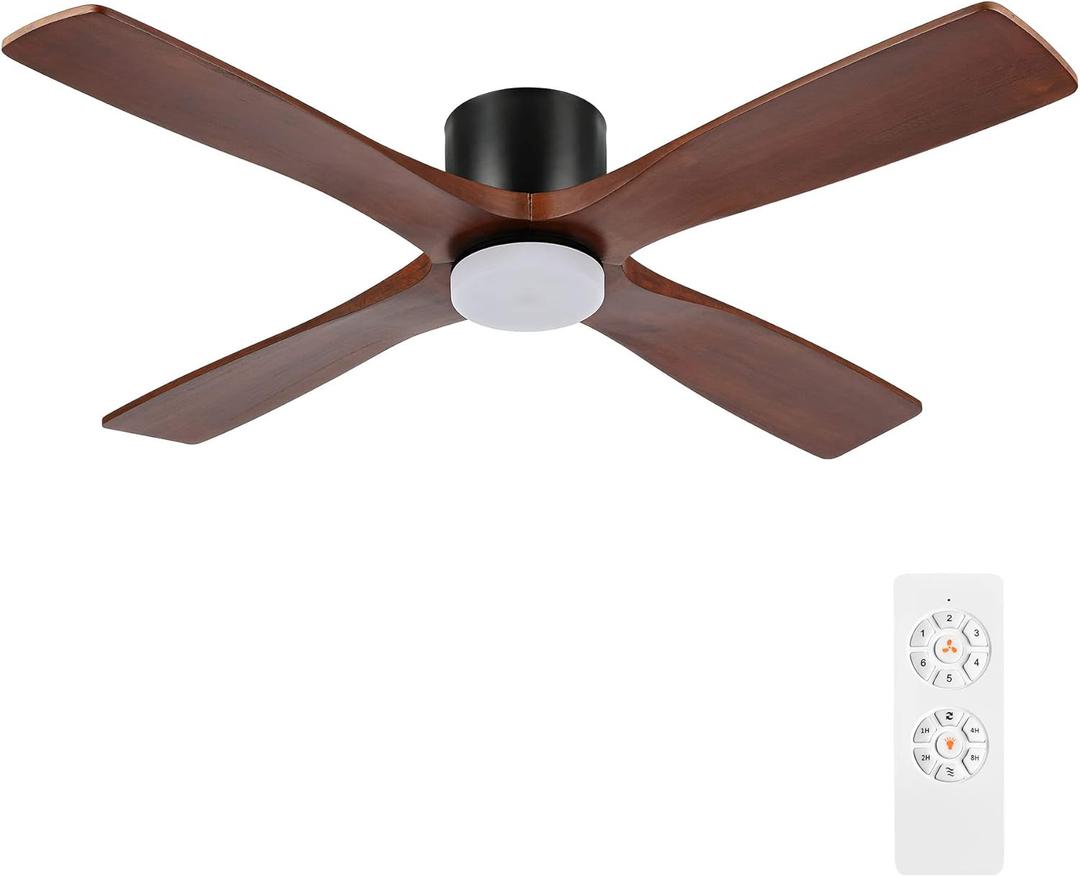WINGBO 48 Inch Flush Mount DC Ceiling Fan with Lights and Remote, 4 Reversible Carved Wood Blades, 6-Speed Noiseless DC Motor, Hugger Ceiling Fan in Matte Black Finish with Walnut Blades