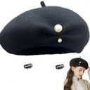 French Berets Hat Premium Cashmere Beret Pearl Decorative Elegant Church Wool Hat for Women Solid Artist Hat (Black)