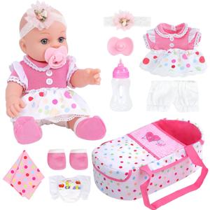 DONTNO 12 Inch Baby Doll with Bassinet Bed, Reborn Alive Doll Includes Clothes and Accessories, Bottles, Nipple, Diaper, Burp Cloth, First Baby Dolls for Toddlers 36 Months and Up