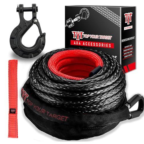 TYT Synthetic Winch Rope Kit - 1/2" x 92' with 32000 lbs Strength, Protective Sleeve, Heavy Duty Hook and Safety Pull Strap for Off-Road 4x4 Vehicles, Trucks (Black)