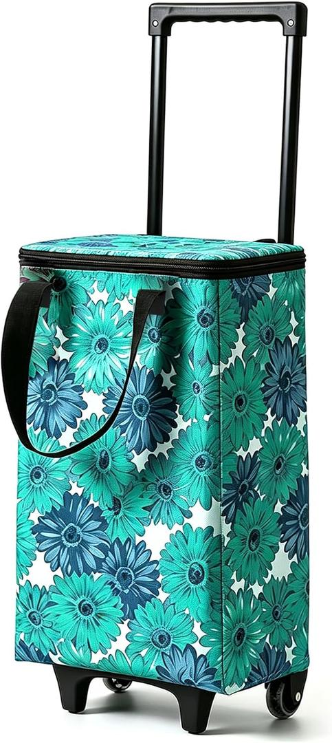 Foldable Rolling Shopping Bag, Portable Collapsible Grocery Cart with Wheels,Portable Foldable Shopping Trolley Pull Handle, Ideal Gift for Women & Seniors (Blue Floral, L)