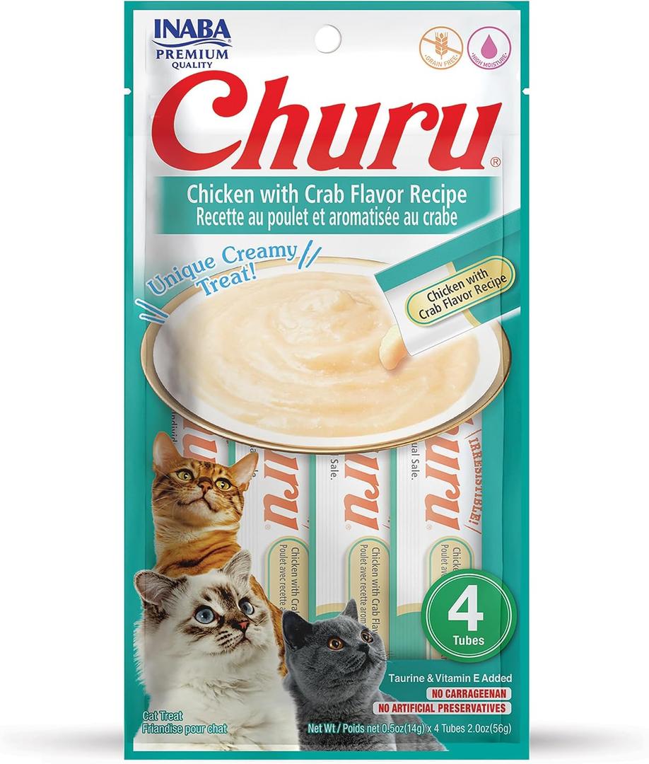 INABA Churu Cat Treats, Grain-Free, Lickable, Squeezable Creamy Pure Cat Treat/Topper with Vitamin E & Taurine, 0.5 Ounces Each Tube, 4 Tubes, Chicken with Crab Recipe (EXP 11/06/26)