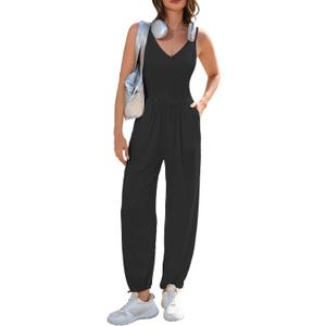 MAKABO Women's Summer One Piece Jumpsuits Casual Tank Top V Neck Wide Leg Pant Rompers Outfits with Pockets (Black, L)