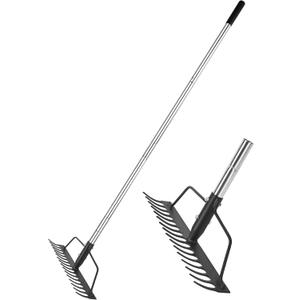 15 Inch Wide Bow Rake, 16 Steel Tines Metal Head Rake Tool with Stainless Steel Handle, Adjustable Long Handle Garden Rake for Loosening Soil Leveling Mulch Gathering Lawns Leaves