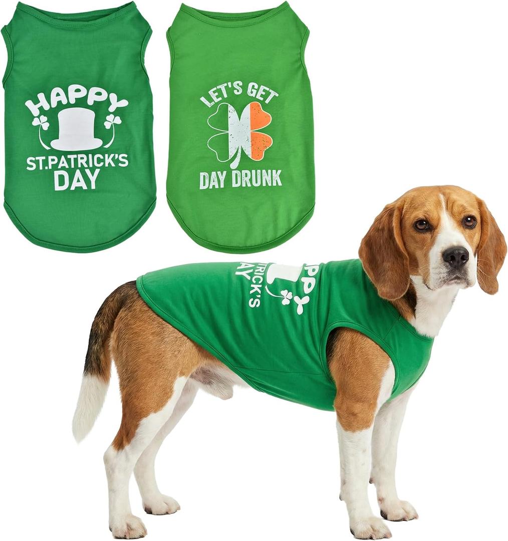 2-Pack st Patricks Day Dog Shirt Irish Holiday Green Dog Shirts with Shamrock Patterns Pet Saint Patricks Clover Clothes Outfit Sleeveless T-Shirt for Small Medium Large Dogs L