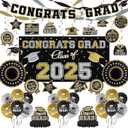 Black and Gold Themed 2025 Graduation Decorations Set - Congrats Grad Banner, Class of 2025 Backdrop, Balloons & Streamers Kit - Graduation Party Supplies for High School & College Celebrations