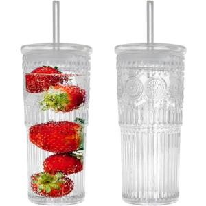 Bandesun All Glass Iced Coffee Cup With Lids and Straws24 OZ High Borosilicate Glass Tumbler for Water Smoothie Juice Drinks (Clear)