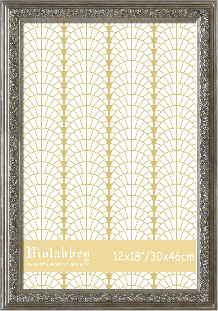 VIOLABBEY 12x18 Picture Frame Sliver, Vintage Photo Frames Ornate without Mat for Wall Hanging