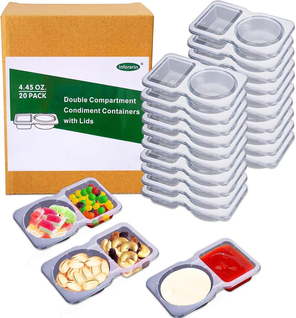 20 Sets Disposable Condiment Container with Lid, Double Compartment Plastic Container for Used for Travel Size Condiments, Snack, Dipping Sauce