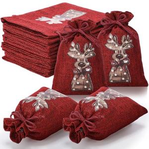 Tegeme 36 Pcs Small Christmas Burlap Drawstrings Bags 4 x 6 Inch Burlap Gift Bags with Double Jute Drawstrings Reusable Deer Candy Goodie Treat Supplies for Xmas Presents Holiday Party Favor