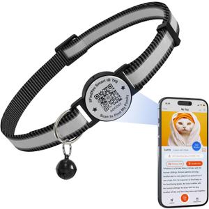 Breakaway Cat Collar with Safety Bell & Reflective Strips | QR Code ID Tag & Name Plate | Adjustable for Kittens Black (1Pack)