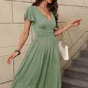 Women's Spring Casual Ruffle Short Sleeve Wrap V-Neck A-Line Loose Fit Swing Party Work Midi Dress with Pockets (Green, XXXL)