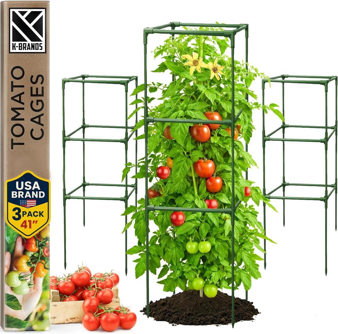 Tomato Cage Square - Large Trellis Stakes and Plant Support Structures for Vegetables and Climbing Plants - Tall Tomato Cages for Garden, Pots, Raised Garden Bed Outdoor Supplies (3 Pack - Up to 41")