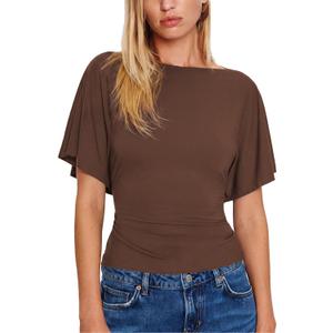 SeeLuNa Women Cinched Waist Shirts Stretchy Dolman Sleeve Boat Neck Knit Top Trendy Streetwear Outfits Basic Workout Tee Tops, S