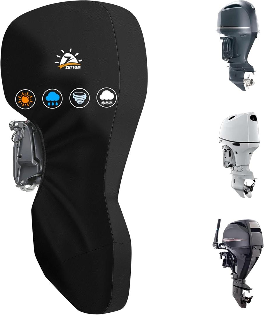 Zettum Outboard Motor Cover - 600D Full Boat Motor Cover Waterproof & Heavy Duty, Fade-Resistant Boat Engine Cover, Fit for Motor 100-140 HP, Black