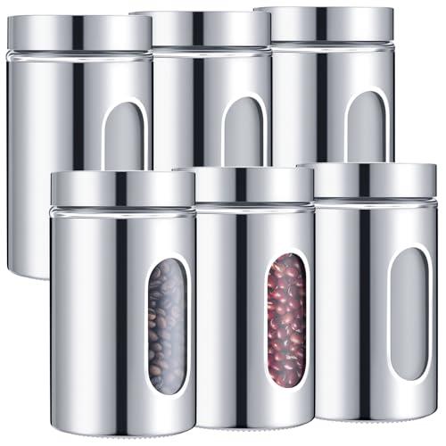 Mimorou 5 Pack Kitchen Canisters Set Airtight Coffee Sugar Tea Candy Storage Jars with Window Glass Stainless Steel Containers with Lids for Flour Cookies Spices Grains Kitchen Decorations(32 oz)