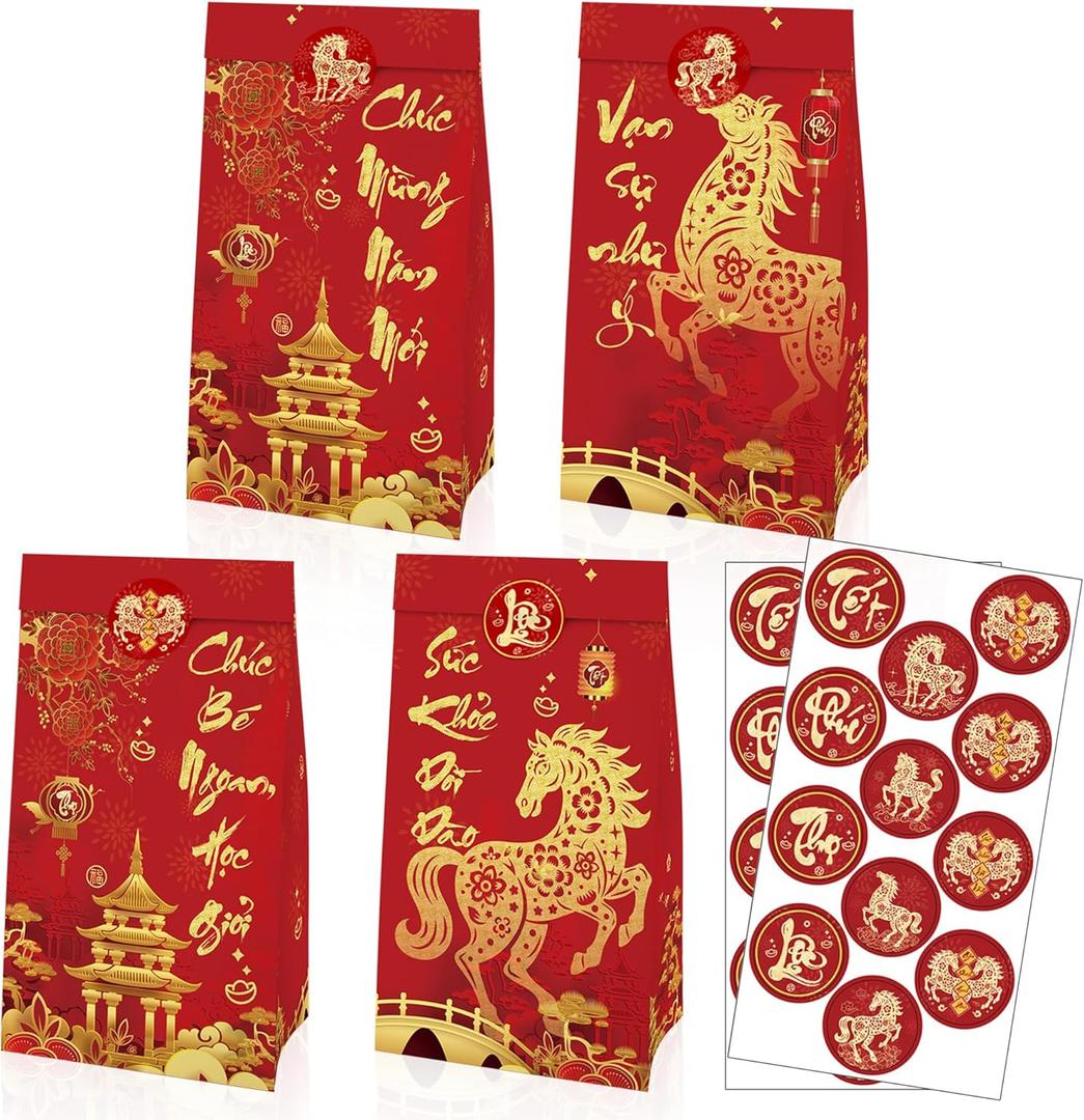 IRCOR Vietnamese New Year Gift Bags with Envelopes and Stickers, 12PCS Tet Party Favor Bags with 12 Red Envelopes (L X) & 24 Stickers for Lunar New Year Celebration