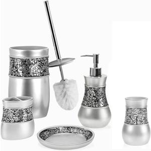 Crackled Glass Silver Bathroom Accessories Sets Complete - Toilet Brush and Holder, Soap Dispenser, Toothbrush Holder, Tumbler & Soap Dish