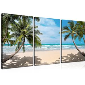 Canvas Wall Art Summer Ocean Waves Coconut Trees on Sands Tropical Beach Seascape Painting Sea Nature Pictures for Living Room Home Office Wall Decor Artwork Framed Ready to Hang 12x16inch set of 3