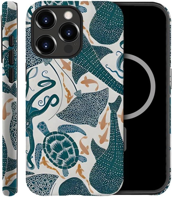 Case Compatible with iPhone 14 Pro Max,Compatible with MagSafe,Fall Prevention Hybrid 2-Layer Hard Shell Cases for Girls Boys,Turtle Whale Octopus Sharks Marine