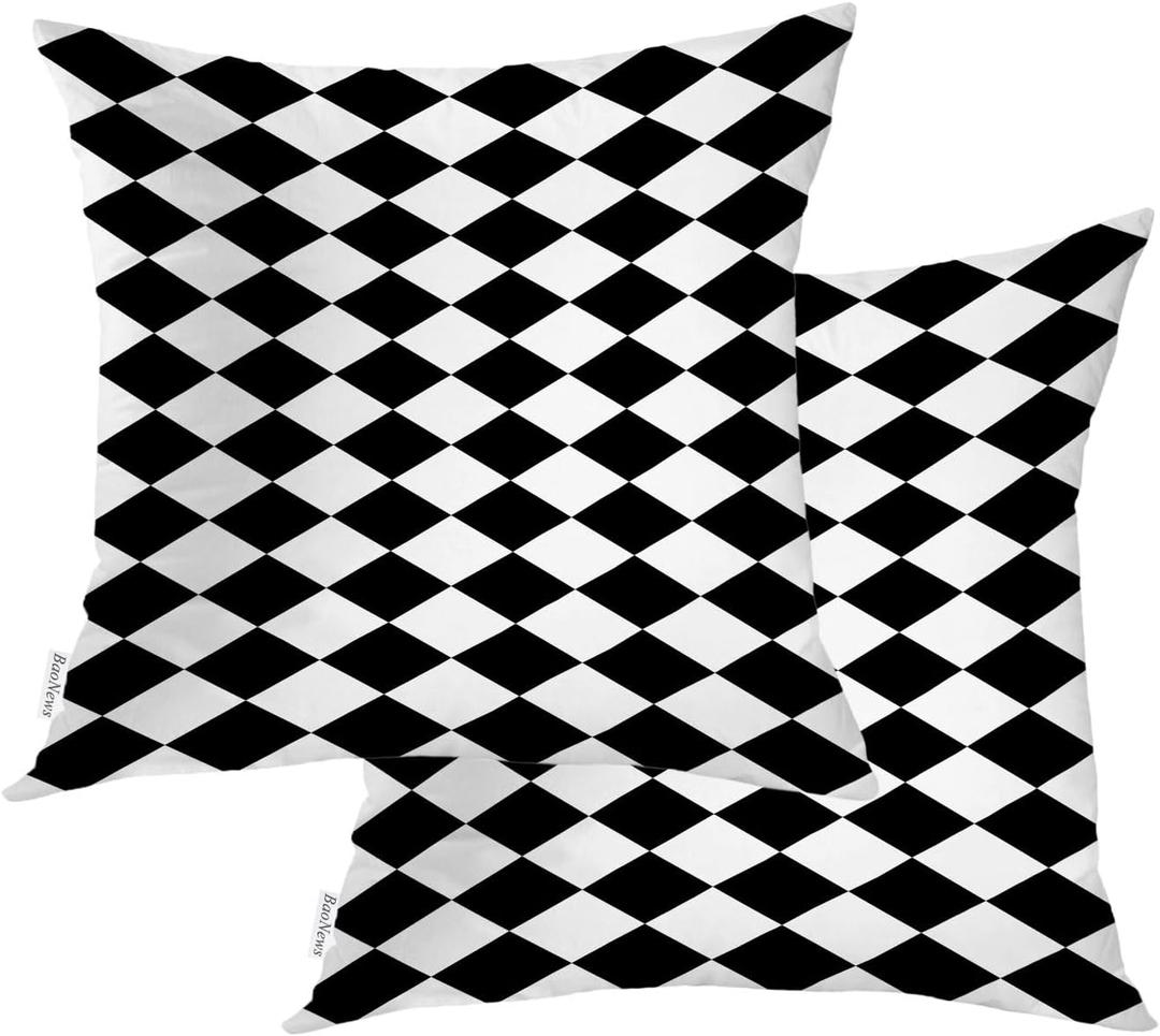 Black White Pillow Cover, Black and White Diamond Harlequin Pattern Square 18 x 18 Inches Decorative Throw Pillow Covers Cotton Cushion for Sofa Bedroom Car, Black, Set of 2