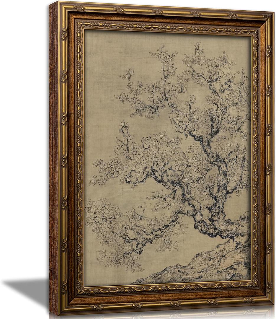 Vintage Gold Framed Cherry Wall Art, Retro Sketch Floral Canvas Painting Picture Wall Decor, Tree Landscape Poster Print Artwork for Living Room Bedroom, 24"L x 16"W