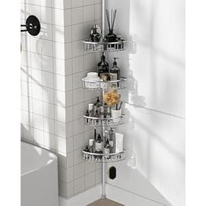 Corner Shower Caddy Tension Pole: Aluminum Shower Caddy Rod with Stainless Steel 4 Adjustable Rustproof Shelves Organizer for Bathroom, 47-121 inch, No Drilling, Quick Installation, Heavy Duty, Silver