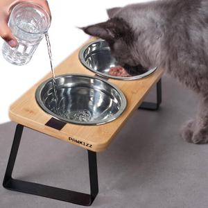 Elevated Cat Bowl Stand for Food and Water  Anti-Vomit Raised Feeding Station with Tilted Stand  Removable Stainless Steel Bowls, Anti Slip Bamboo Base, Dishes for Cats, Kitten, Small Dogs & Puppies