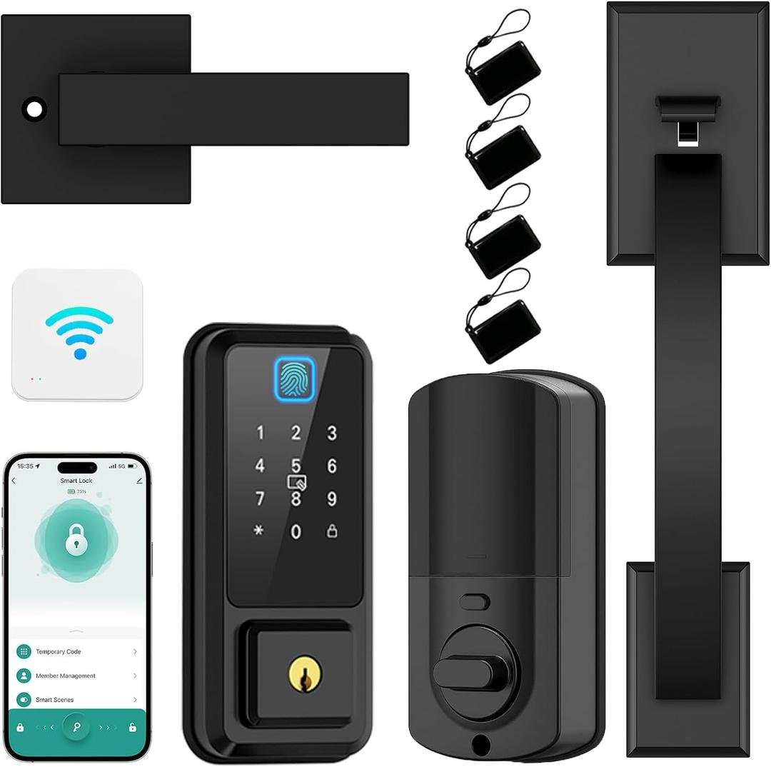 CINOP WiFi Smart Locks for Front Door with Handle Set, App Control, Keyless Entry Door Lock Fingerprint Deadbolt, Electronic Digital Touchscreen keypad, Smart Lock, Easy Install (Black)