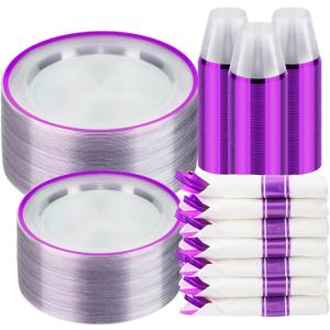 BESTSTAR 350PCS Clear and Purple Disposable Plates Set for 50 Guests, 100 Plastic Plates, 50 Plastic Cups, 50 Pre-Rolled Napkins with Cutlery for Party, Birthday, Wedding, Thanksgiving, Christmas