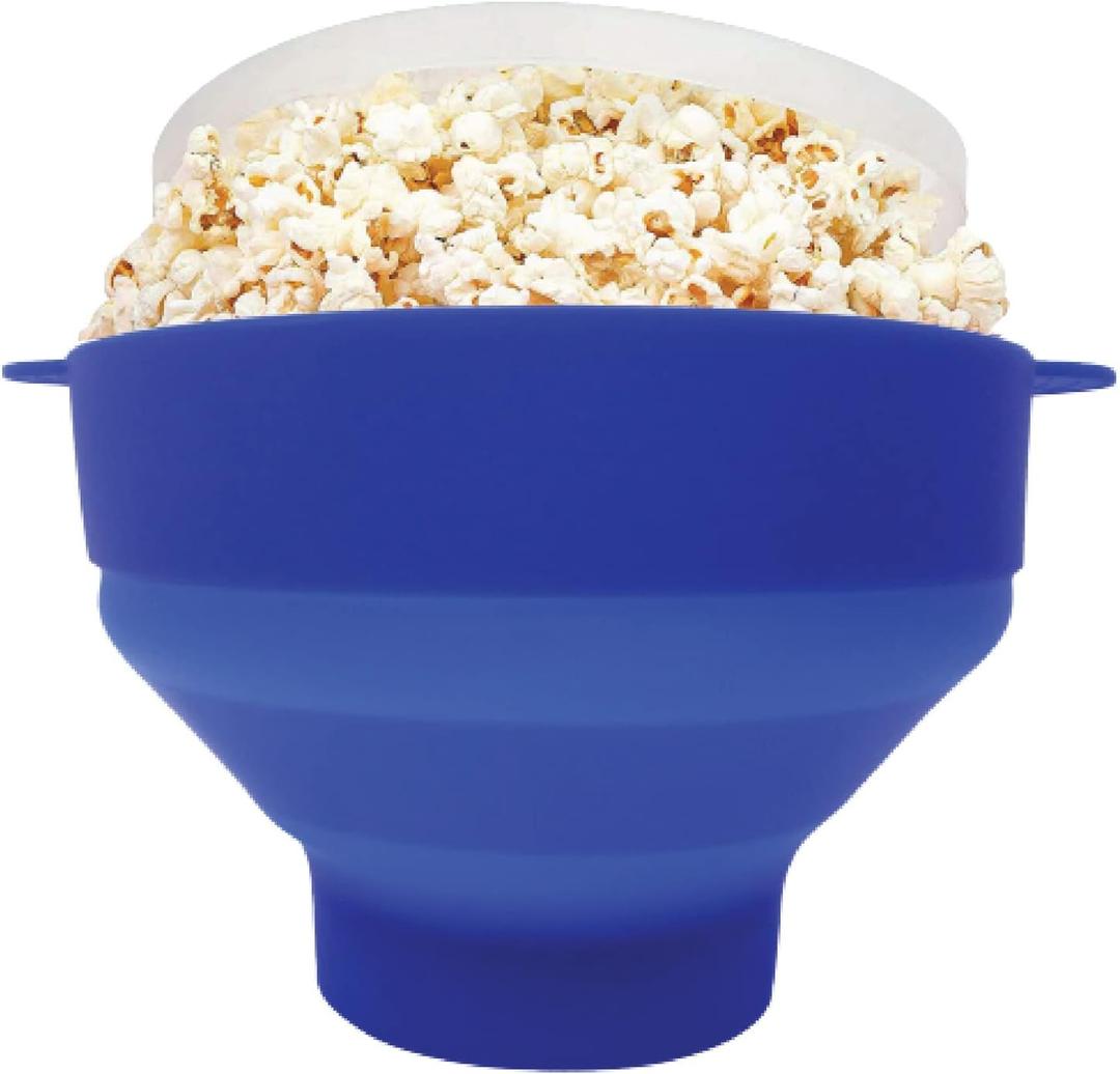 Microwave Popcorn Popper with Lids - Silicone - No Oil or Butter Required - Collapsible Bowls - BPA-Free - Movie Night Supplies - Blue