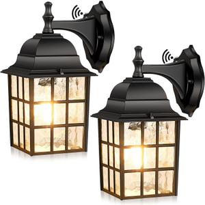 Brightever 2-Pack Dusk to Dawn Outdoor Wall Lantern, Exterior Light Fixtures with Photocell Sensor, Black Wall Light Waterproof, Waterfall Glass Outside Wall Sconce for Porch House Garage