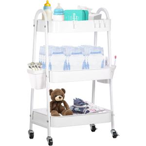 Baby Diaper Caddy Cart 3-Tier Metal Rolling Cart Nursery Storage Organizer for Baby Diapers and Newborn Essentials Storage