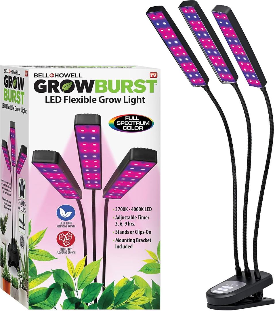 Bell+Howell Growburst 24 Indoor Plant Growing Lamp with 8 Brightness Settings, 3 Light Modes Including Full Spectrum UV Light As Seen On TV (Medium - 3 Heads)