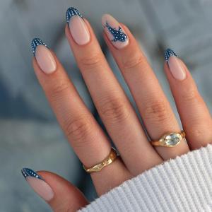 Summer Press on Nails Almond Cute Fake Nails - Navy Blue French Tip False Nails, Nude Stick on Nails with Whale Shark Design, Ocean Beach Glue on Nails for Women Manicure 12 Sizes - 24 Pcs