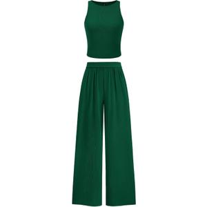 PRETTYGARDEN Spring Two Piece Sets For Women 2025 Ribbed Knit Crew Neck Sleeveless Tank Tops Wide Leg Pants Casual Lounge Set (Green,Small)