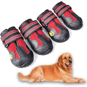 XSY&G Dog Boots,Waterproof Dog Shoes,Dog Booties with Reflective Strips Rugged Anti-Slip Sole and Skid-Proof,Outdoor Dog Shoes for Small Medium Large Dogs 4Pcs Red-Size 4