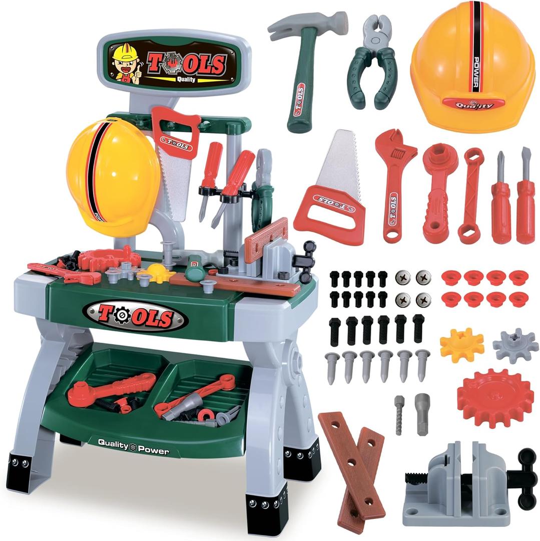 Toddler Tool Bench  Pretend Workbench with Toy Tools, Helmet, Screws & Gears, Creative Construction Playset for Hands-On Role Play, Gift for Kids Ages 3+