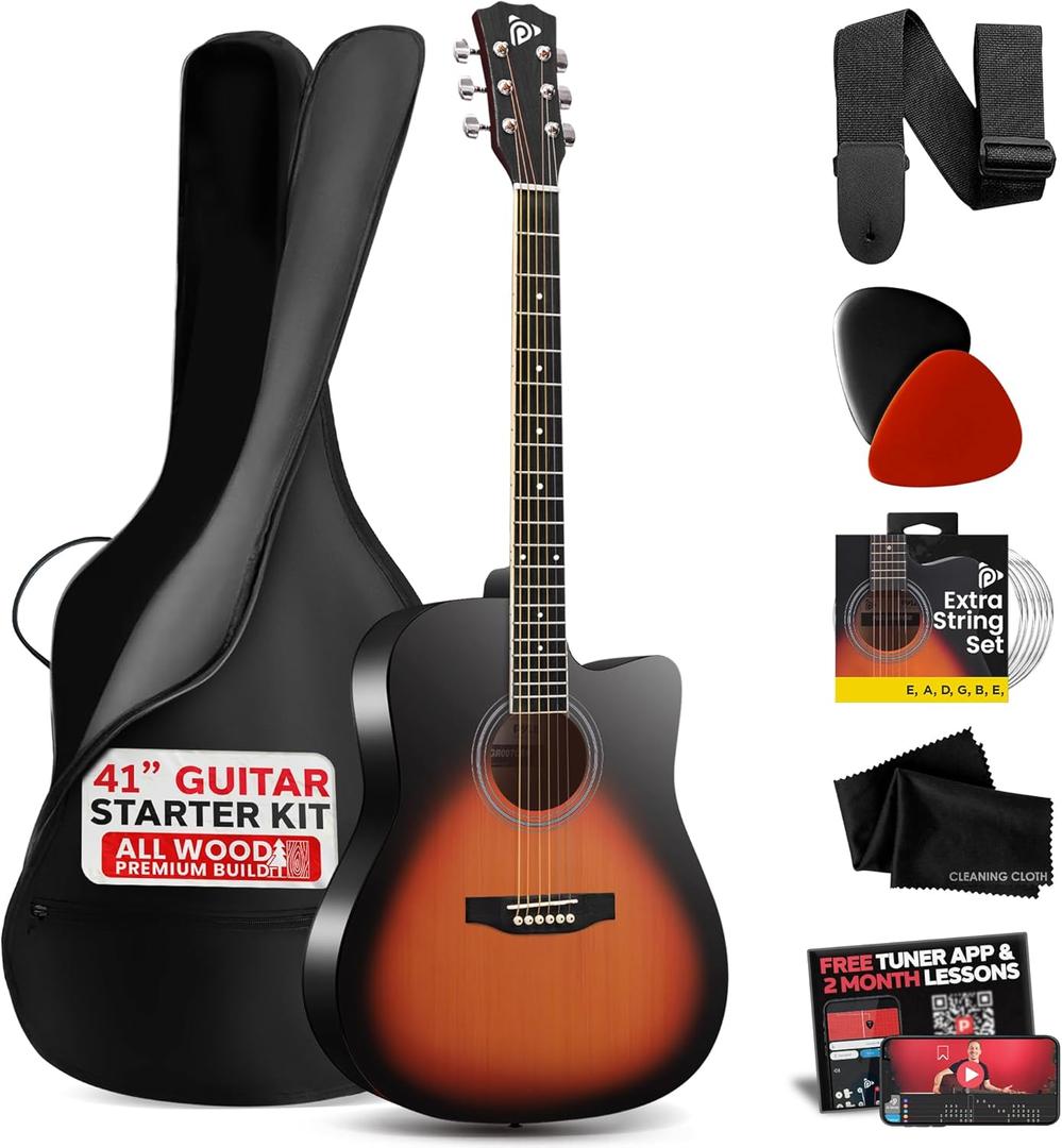 Pyle Steel String Acoustic Guitar Kit, 4/4 Full Size Cutaway All-Wood Guitarra Acustica with Premium Accessory Set and Upgraded Gig Bag, 41" Sunburst Teardrop Matte