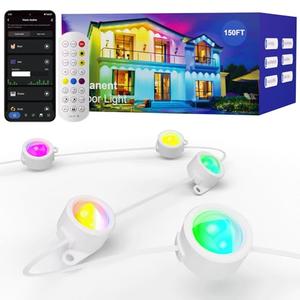 HUTAKUZE Permanent Outdoor Lights, 150FT with 90 RGB LEDs for Outdoor Decor, IP67 Waterproof, 48 Scene Modes Christmas House Lights,APP & Remote Control, Music Sync