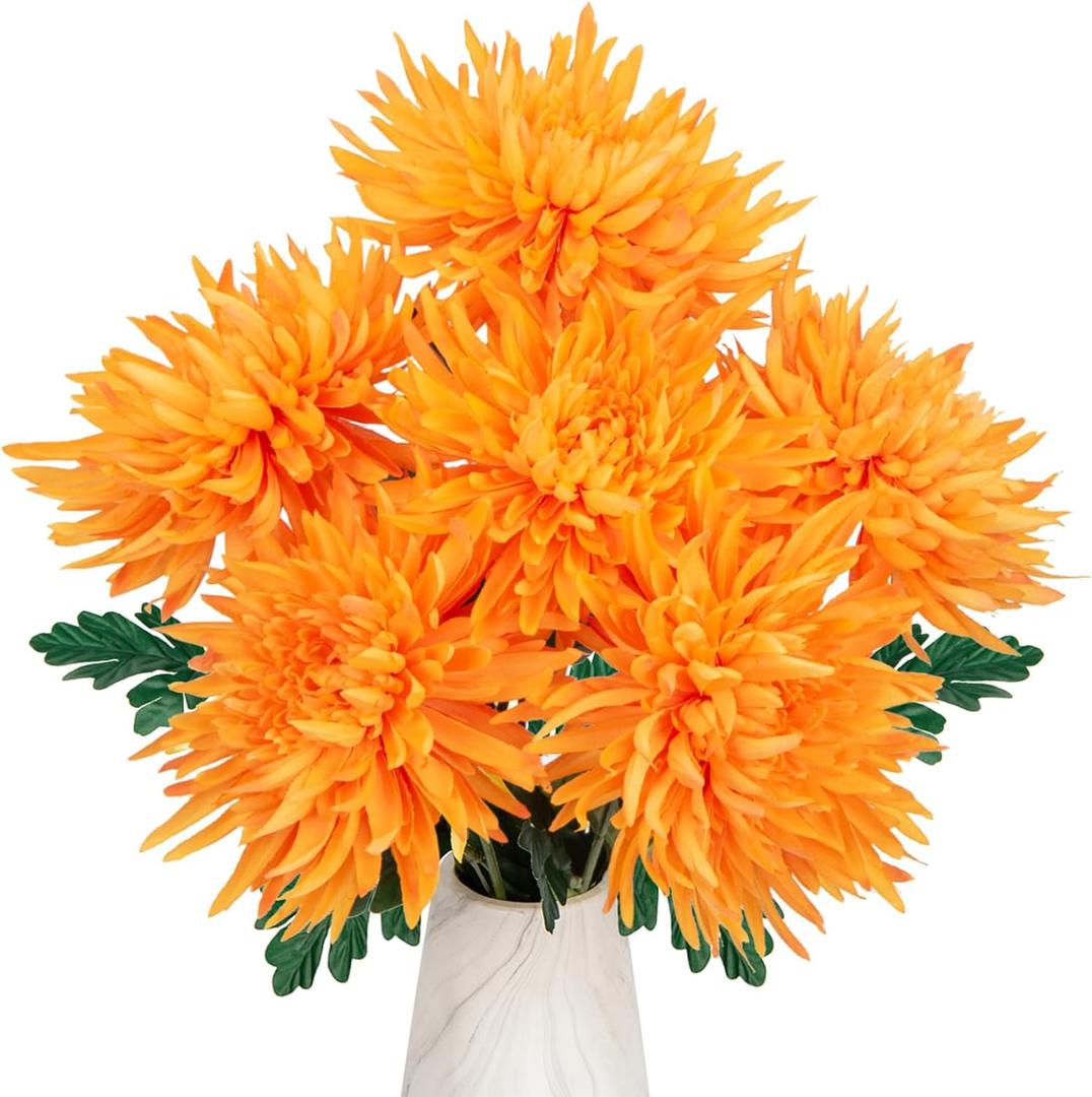 Hollyone 6Pcs Fall Flowers Artificial for Decoration Orange Artificial Mums for Outdoors Fall Mums Decor Faux Chrysanthemum 25.6" Long Stem Spider Mum Silk Flower Arrangements Fake Bouquets Autumn